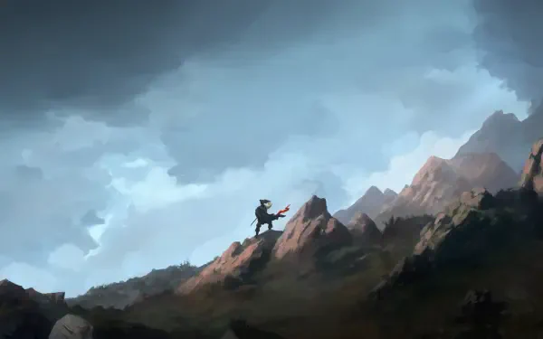 Windrose video game 2K Quad HD PC desktop wallpaper/background: silhouetted traveler with staff atop rocky ridge beneath turbulent clouds and distant mountain peaks.