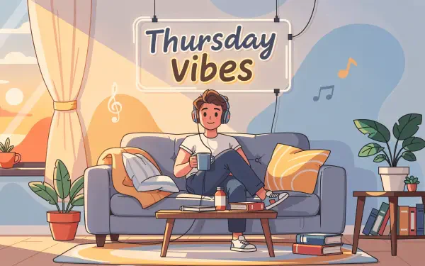 4K Ultra HD PC desktop wallpaper: Thursday vibes — person lounging on a sofa with coffee and headphones in a sunlit, plant-filled living room with books.