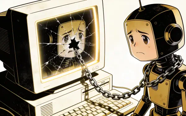 Sci-fi 4K Ultra HD PC desktop wallpaper: a sad, childlike robot chained to a vintage CRT computer whose shattered screen reflects its face.