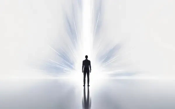 Clean 4K Ultra HD PC desktop wallpaper: a silhouetted figure stands before a radiant white light, soft blue beams and a mirrored reflective floor.