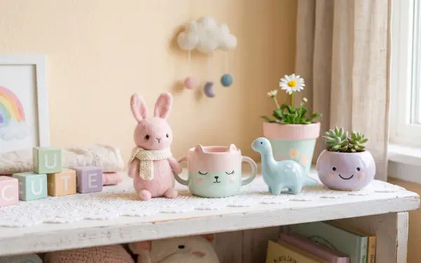 Cute pastel nursery shelf with plush bunny, smiling plant pots, toy dino and blocks — cute whimsical 5K Ultra HD PC Desktop Wallpaper and Background.