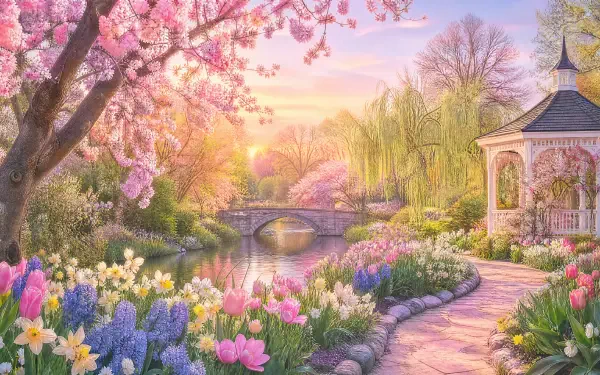 4K Ultra HD PC desktop wallpaper: pastel spring garden scene with blooming cherry blossoms, tulips, daffodils, willow, stone bridge and gazebo beside a reflective pond at sunrise.