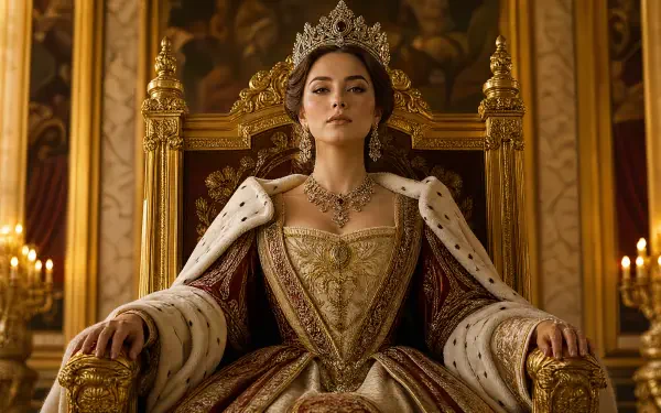 4K Ultra HD PC wallpaper: a woman empress in full Royalty regalia—gold embroidered coronation gown and crown—seated on an ornate golden throne as a dramatic background.