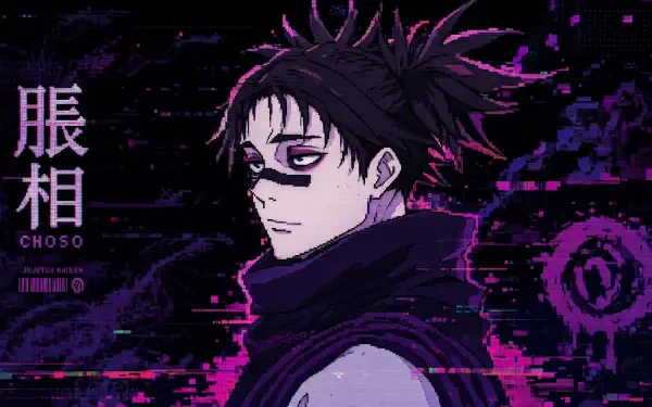 Choso (Jujutsu Kaisen) portrait with spiky tied hair, dark eye markings, neon purple glitch effects and kanji — 4K Ultra HD PC desktop wallpaper