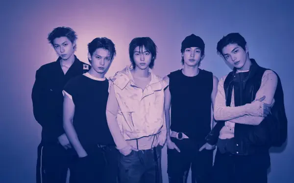 4K Ultra HD PC desktop wallpaper titled Cortis — five young men in moody blue-purple studio lighting, casual fashion and relaxed poses, cinematic, band-style portrait.