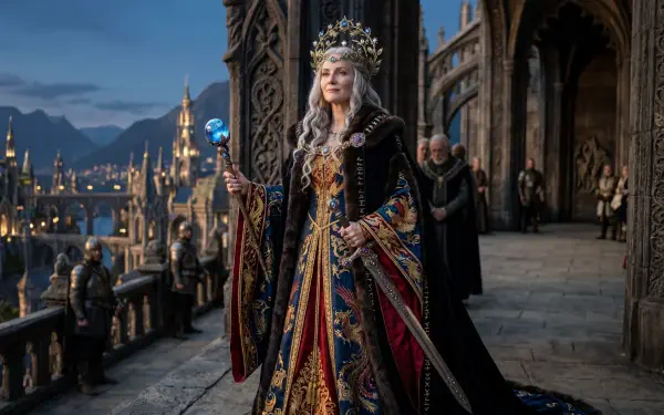5K Ultra HD fantasy wallpaper: a regal empress in an ornate crown and embroidered robes holds a jeweled staff on a castle balcony overlooking a glowing medieval city.