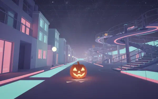 Minimal Halloween 4K Ultra HD PC desktop wallpaper: lone glowing jack-o'-lantern on a neon pastel street, flanked by sparse modern buildings and a spiral ramp under a starry night sky.