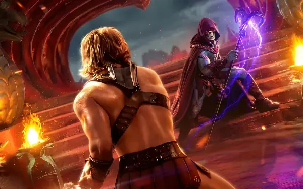Masters of the Universe (2026) 4K Ultra HD PC desktop wallpaper and background: He-Man confronts a hooded sorcerer on fiery, ruinous steps beneath a stormy sky.