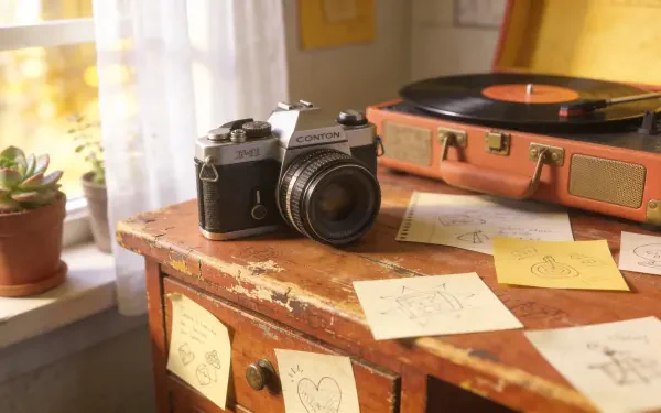 Indie aesthetic 4K Ultra HD PC desktop wallpaper: vintage camera on a worn wooden desk scattered with doodle notes, vinyl record player and potted plant by a sunlit window.