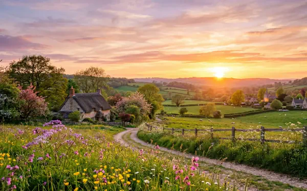 5K Ultra HD PC desktop wallpaper — spring sunset over rolling countryside, wildflowers lining a winding lane to a cottage as the golden sun sinks behind distant hills.