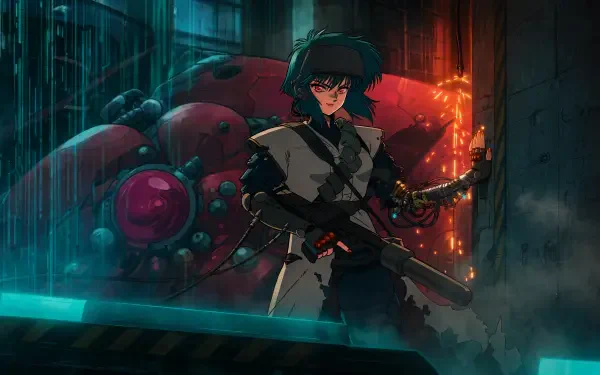The Ghost In The Shell (2026) 4K Ultra HD PC desktop wallpaper: cybernetic officer in a rain-soaked alley with a glowing red mech, neon teal and orange lighting.