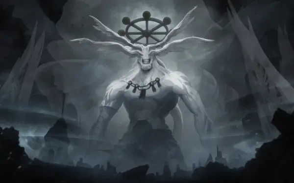 Mahoraga from Jujutsu Kaisen — towering horned, muscular guardian with branching antlers and chained collar looming over a misty ruined city; 4K Ultra HD PC desktop wallpaper/background.