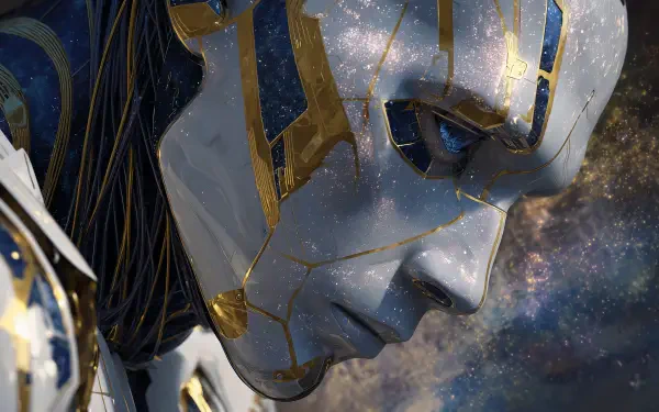 2K Quad HD PC desktop wallpaper and background of a sad sci‑fi robot—close-up cracked metallic face with gold seams, a tearlike glint and a starry cosmos reflected in its eye.