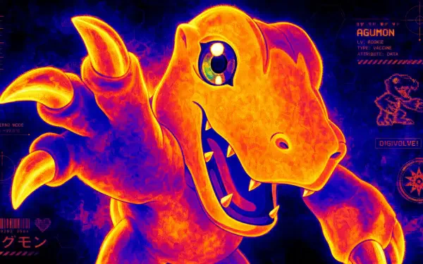 Heatmap-style Agumon close-up in fiery orange and purple, claw outstretched with HUD accents — 4K Ultra HD PC Desktop Wallpaper and Background