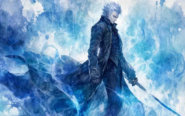 Vergil (Devil May Cry) in icy blue energy, long coat billowing and katana poised, highly detailed 4K Ultra HD PC desktop wallpaper background.