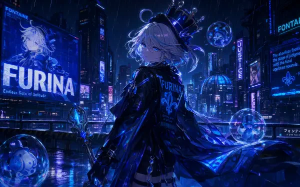 Furina (Genshin Impact) in a neon-blue cyberpunk city at night, holographic bubbles and glowing billboards — 4K Ultra HD PC desktop wallpaper and background.