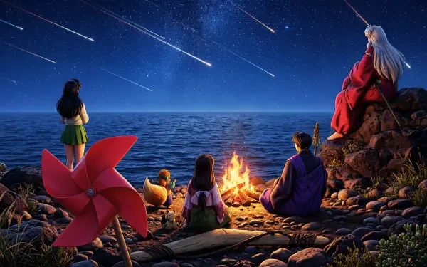 5K Ultra‑HD anime wallpaper: Inuyasha and Kagome at a campfire on a rocky shore, watching falling stars over the sea — a serene PC desktop background.