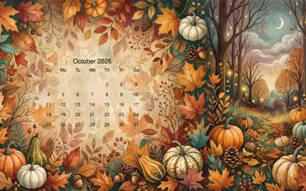 October 2026 calendar on a 5K Ultra HD PC desktop wallpaper: warm autumn scene with pumpkins, gourds, fallen leaves, pinecones and a moonlit woodland.