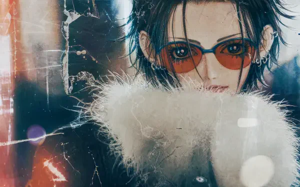 Close-up of Nana, anime-style woman with dark hair, red-tinted glasses and a fluffy fur collar, moody grunge lighting; 4K Ultra HD PC desktop wallpaper/background.