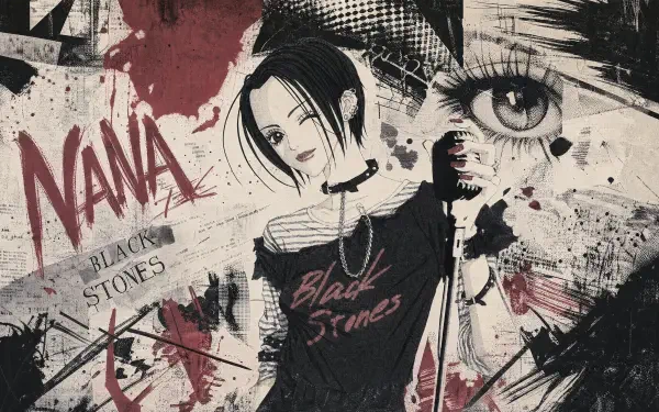 Nana anime wallpaper in 4K Ultra HD PC desktop background: grunge collage of short-haired rocker Nana in a Black Stones shirt, holding a microphone amid graffiti text and an oversized eye motif.