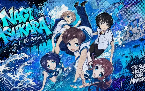 Nagi no Asukara 4K Ultra HD PC desktop wallpaper background: five school-uniform characters swimming amid stylized blue waves, bubbles and a graffiti-style title.