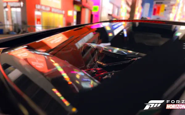 Forza Horizon 6 video game 4K Ultra HD PC desktop wallpaper and background: glossy sports car roof and exposed engine reflecting neon city lights in a vibrant urban night.