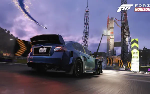 4K Ultra HD PC desktop wallpaper: video game Forza Horizon 6 — rear view of a blue sports car racing on a wet road past launch towers under a dramatic twilight sky.