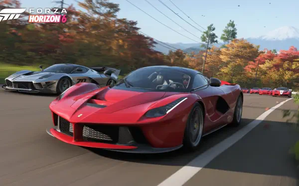 Forza Horizon 6 video game 4K Ultra HD PC desktop wallpaper and background: red supercar leads a pack along an autumn-lit country road.