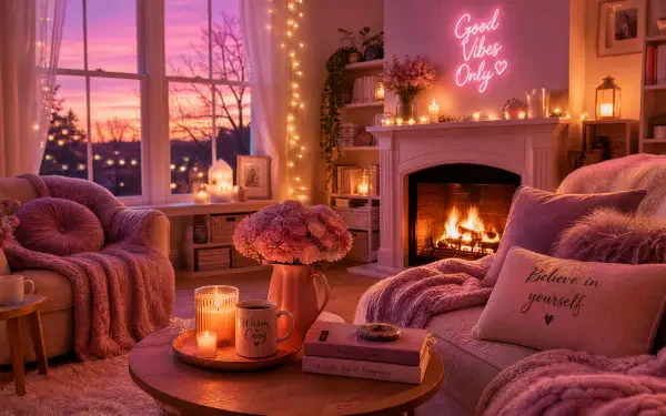 Warm and Cozy 4K Ultra HD PC desktop wallpaper/background: pink-hued living room at sunset with a roaring fireplace, plush throws, string lights, candles, and flowers.