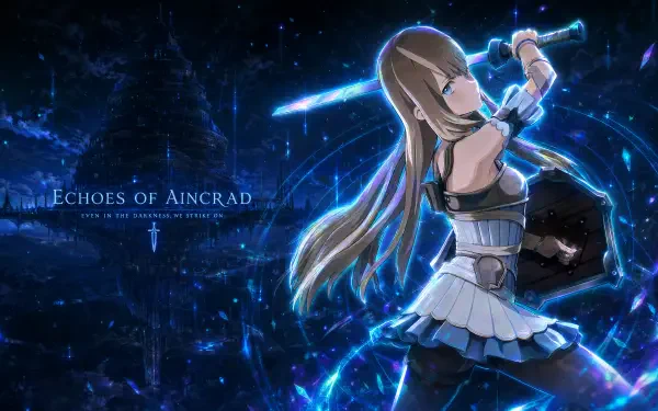 Echoes of Aincrad — 4K Ultra HD PC desktop wallpaper and background: anime warrior woman wields a glowing blue sword and shield amid a shimmering crystalline nightscape with floating light shards.
