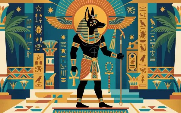 Stylized Anubis standing in a vibrant ancient Egyptian temple with hieroglyphs, palms and a sun disk — 5K Ultra HD PC desktop wallpaper/background.