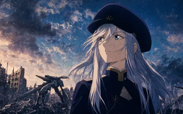 Eighty Six anime: silver-haired officer in beret overlooking a ruined city and mechs under a stormy sky — 4K Ultra HD PC desktop wallpaper/background.