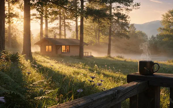 Cozy morning cabin in a misty pine forest at sunrise, wildflowers and steaming mug on a fence; 4K Ultra HD PC Desktop Wallpaper and Background.