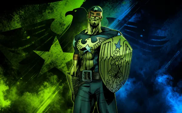 Soldier Boy (The Boys) in star-spangled armor and shield, standing against a grungy green-blue backdrop — 4K Ultra HD PC desktop wallpaper/background.