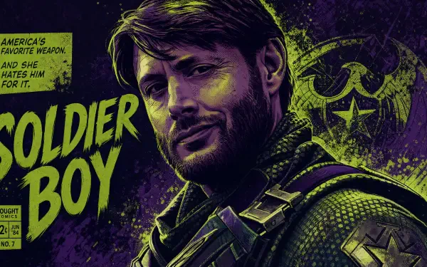 4K Ultra HD PC desktop wallpaper of Soldier Boy (The Boys): stylized purple-green portrait, smirking in tactical gear with bold Soldier Boy title and comic-book textures.