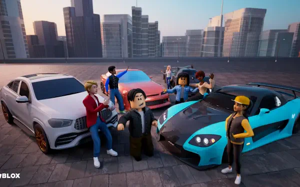 Roblox avatars posing around luxury sports cars on a rooftop with a modern city skyline at sunset — 4K Ultra HD PC desktop wallpaper from the video game Roblox.
