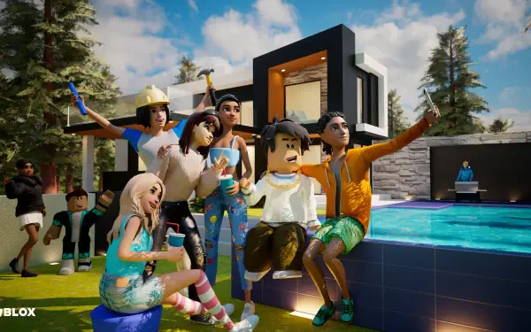 Colorful Roblox video game scene with avatars posing by a modern house and pool under a blue sky — 4K Ultra HD PC desktop wallpaper and background.