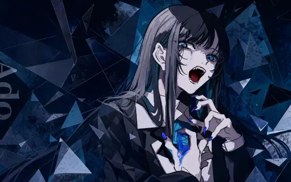 4K Ultra HD PC wallpaper: stylized dark portrait of a fierce female vocalist with long hair and blue eyes, mouth open mid-song, clutching a glowing blue heart amid shattered glass and geometric shards.