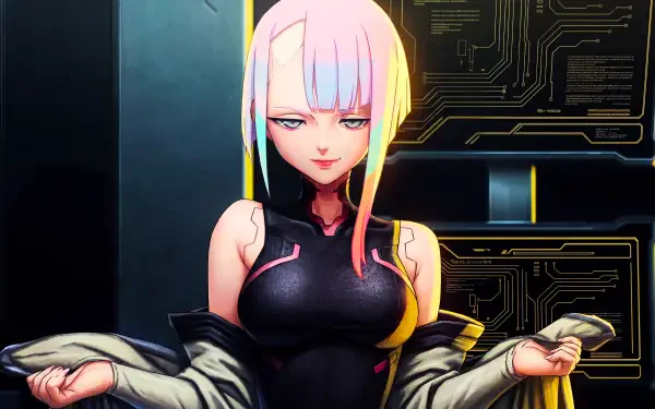 Lucy from Cyberpunk: Edgerunners, a pink-haired anime girl waifu in a neon cyberlab, framed as a 5K Ultra HD PC desktop wallpaper.