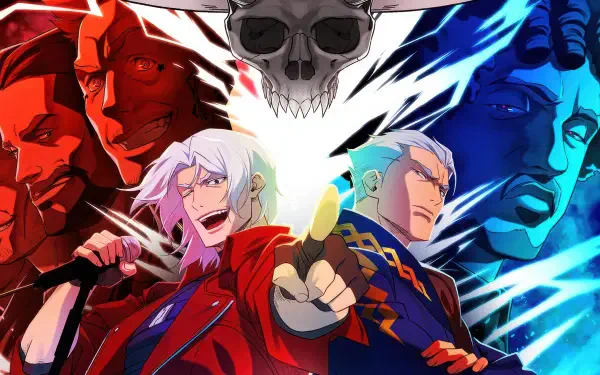 Devil May Cry (2025) 4K Ultra HD PC wallpaper: dramatic red vs. blue split with a skull above two back‑to‑back protagonists — a white‑haired rocker in red and a stern silver‑haired fighter in blue.