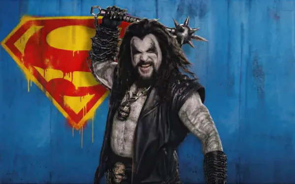 Grungy 4K Ultra HD PC desktop wallpaper for Supergirl (2026): snarling armored villain with spiked mace stands before a spray‑painted S emblem on a blue wall.