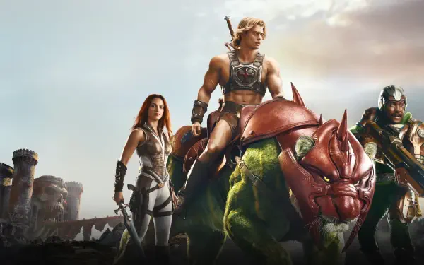 Masters of the Universe (2026) 5K Ultra HD PC desktop wallpaper/background: He-Man atop Battle Cat with Teela and Man-At-Arms standing before a stormy castle skyline.