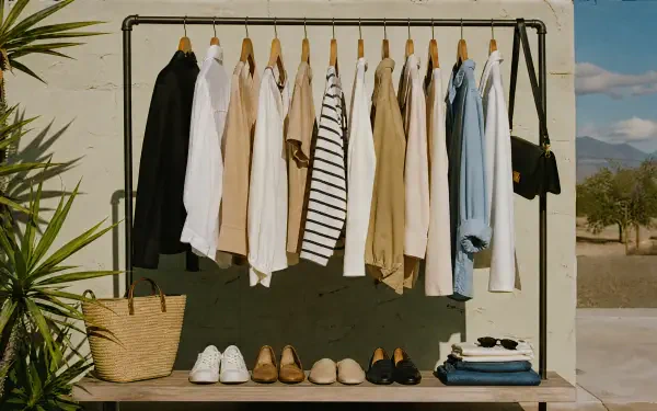 Capsule wardrobe: neutral shirts, jackets and a striped top on a rack with shoes, straw bag and sunglasses against a sunlit desert — 4K Ultra HD PC Desktop Wallpaper and Background.