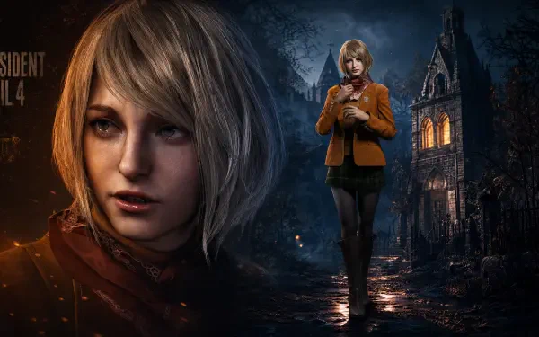 Resident Evil 4 4K Ultra HD PC desktop wallpaper: Ashley in close-up and full-body amid a moonlit, rain-slick village path with a glowing gothic church ruin.