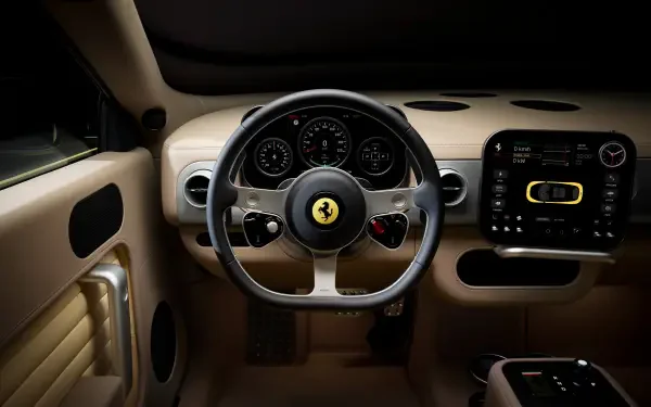 Interior cockpit view of a Ferrari Luce: beige leather dashboard, signature prancing-horse steering wheel and digital center display — 4K Ultra HD PC desktop wallpaper and background.