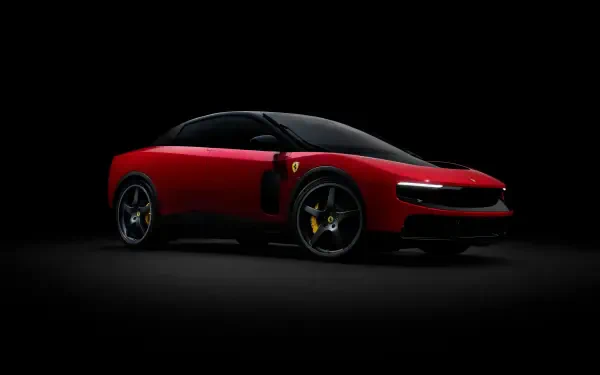 Red Ferrari Luce vehicle in dramatic spotlight on a black background, sleek sports car rendered as a 4K Ultra HD PC desktop wallpaper.