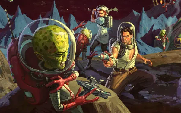 Fallout 76 video game HD PC desktop wallpaper/background: retro sci-fi Fallout scene of helmeted explorers firing on green-skinned aliens across a jagged, moonlike rocky landscape.