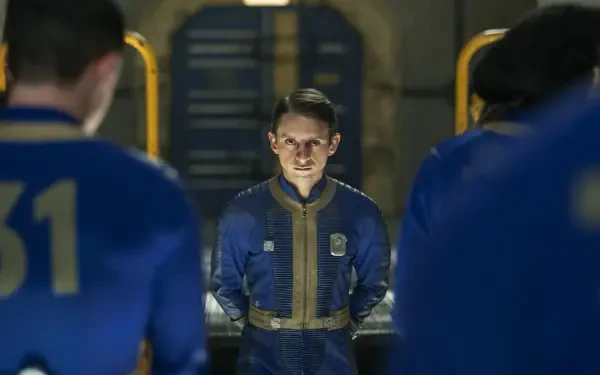 Fallout (TV Show) — Vault jumpsuit-clad character stares ahead in a dim Vault-Tec chamber, flanked by others; HD PC desktop wallpaper and background.
