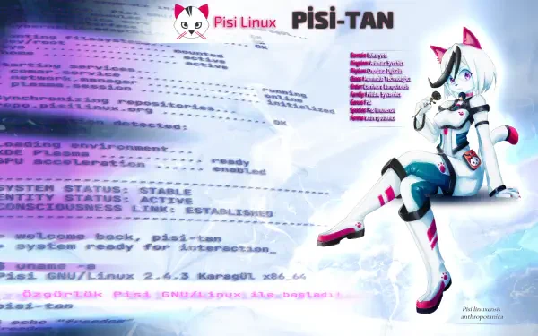 HD PC wallpaper of Pisi Linux mascot Pisi‑tan — a moefied anthropomorphic cat girl (furry) in a futuristic suit with headphones, posed over a blurred Linux terminal and Pisi Linux logo.