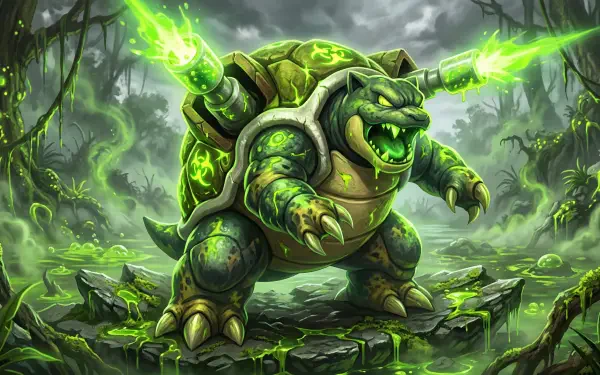 Blastoise (Pokémon) storms a misty, toxic swamp firing neon-green cannons, rendered in high detail — 5K Ultra HD PC Desktop Wallpaper and Background.